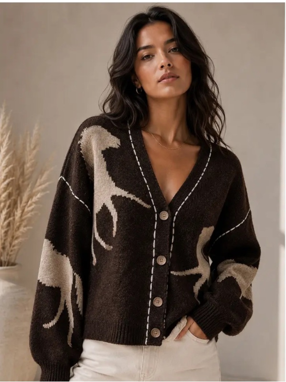 Illa Illa Cozy Brown horse Pattern V-Neck Button Cardigan Sweater - Picture 8 of 8